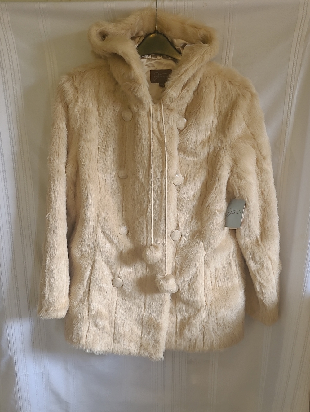 Jessica Cream Faux-Fur Hooded Coat with Pom-Pom Drawstrings - Size L - NWT